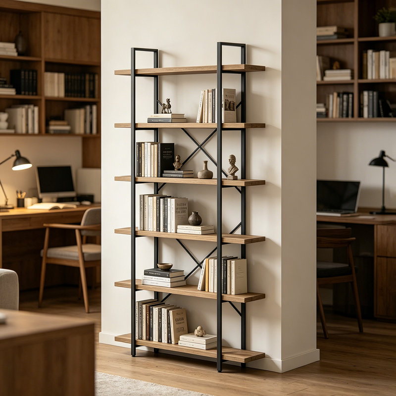 Bibliothèque à 6 niveaux, présentoir industriel en bois et bibliothèque avec cadre en métal pour bureau à domicile, Brun