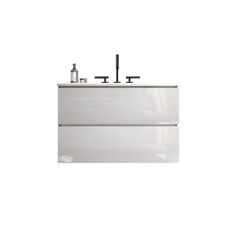 Meuble-lavabo moderne pour salle de bain blanc brillant - Fonction silencieuse et espace supplémentaire 24 po mural brillant avec évier en céramique et trois trous de tiroir
