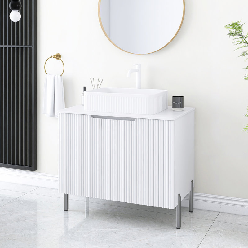 Meuble-lavabo de salle de bain 30 po avec lavabo, armoire de rangement autoportante avec 2 portes, lavabo rectangulaire en céramique blanche et comptoir en marbre artificiel blanc de Carrare, couleur blanche