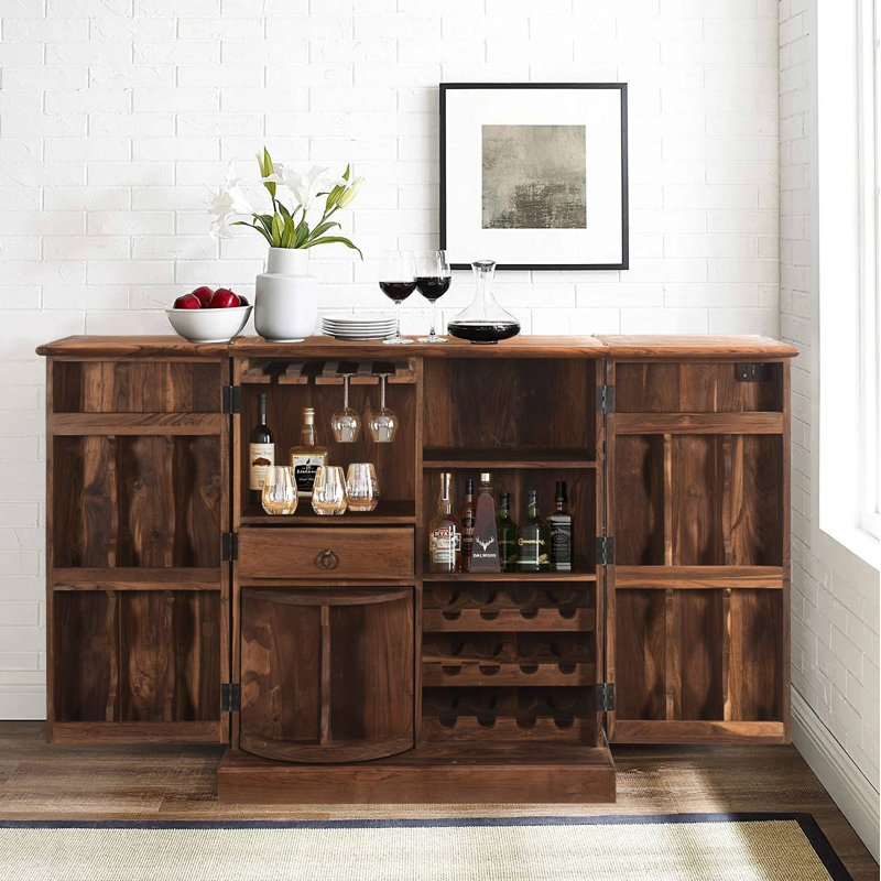 Eclectic Solid Wood Carved Serving Bar Cabinet