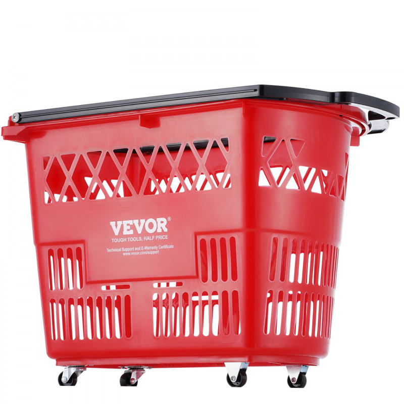Plastic Rolling Shopping Trolley Basket On Wheels 6PCS 39L with Handle Red