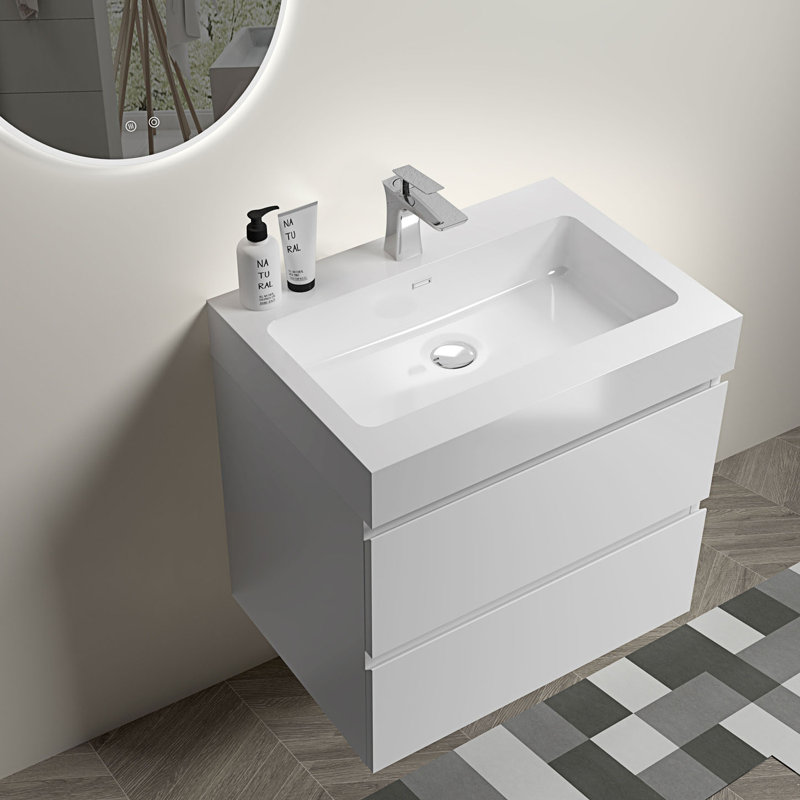 Meuble-lavabo mural avec lavabo, grand meuble-lavabo flottant mural, Blanc
