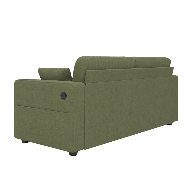 Canapé 3 places avec cadre USB en bois et porte-gobelet, Olive