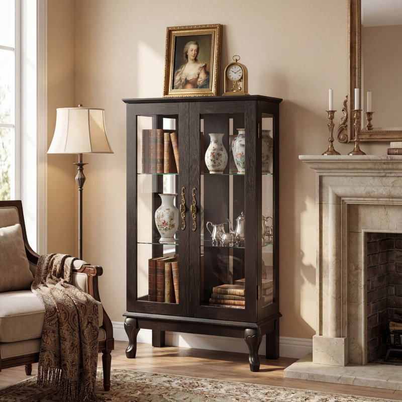 Lighted Curio Display Cabinet with Tempered Glass Doors, Mirrored Back Panel, and Adjustable Shelves, Includes Bulb, for Home or Office in Black