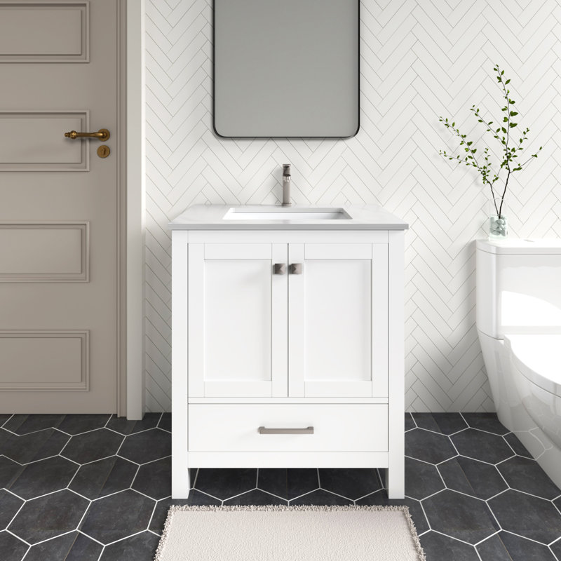 Meuble-lavabo autoportant 30 po Anvay en blanc mat avec comptoir en quartz de Carrare, Blanc, Quartz - blanc de Carrare