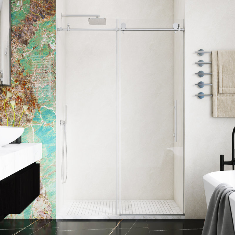 48" W X 76" H Frameless Single Sliding Shower Door With 1/4 "(6 Mm) Clear Tempered Glass, Brushed Nickel