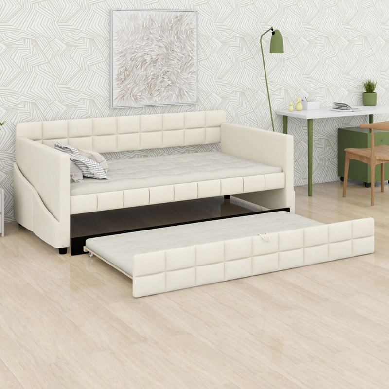Lit de jour peu encombrant avec lit gigogne escamotable et 4 poches de rangement latérales, Beige