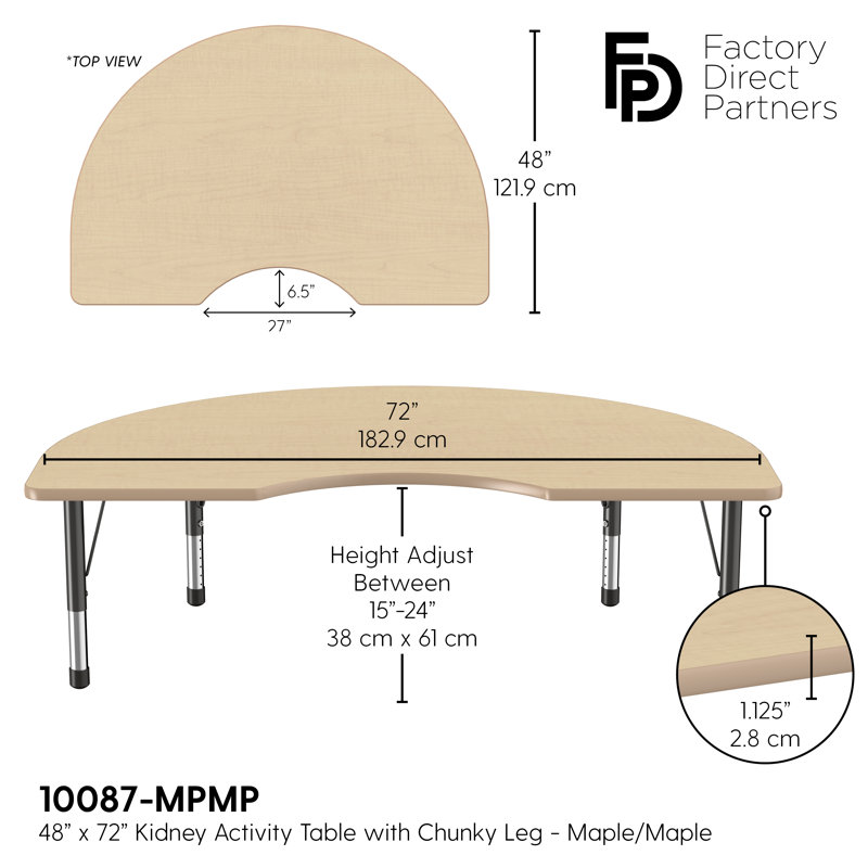 Table d'activité 48 "x 72" avec moulures en T et pieds réglables, Érable / érable / noir, Chunky