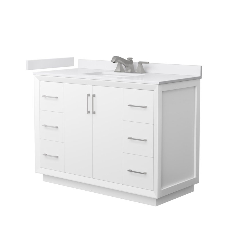 Meuble-lavabo simple autoportant 48 po avec plateau en marbre Strada, Blanc, Nickel brossé