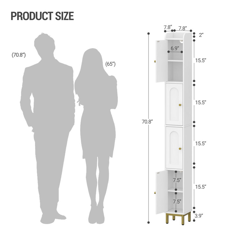 4-Tier Narrow Tall Storage Cabinet, Slim Bathroom Storage Cabinet with 4 Adjustable Feet and Shelves, Bathroom Organization for Small Space, Kitchen, Living Room, Laundry Room