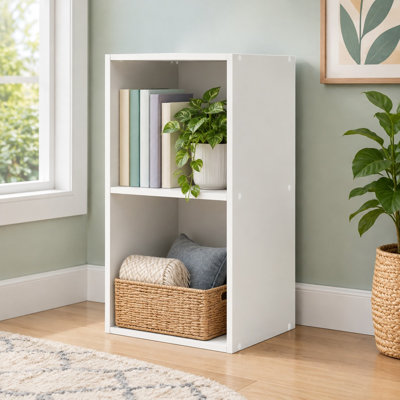 This white stackable wooden organizer has 2 open cubes sized for storage bins, offering flexible shelving for dorms, teen rooms, and home offices.