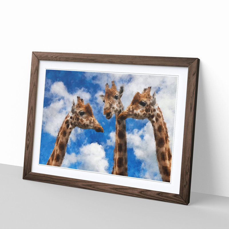 Three Giraffes - Single Picture Frame Painting on MDF, 24cm H x 33cm W x 2cm D, Walnut