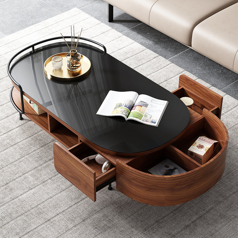 Extendable Pedestal Coffee Table with Storage, Black/Brown