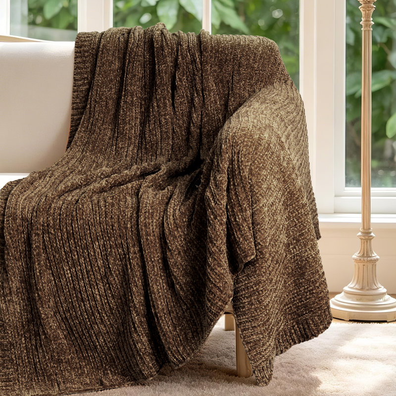 Jeté doux et moelleux en chenille réversible, Brun chocolat