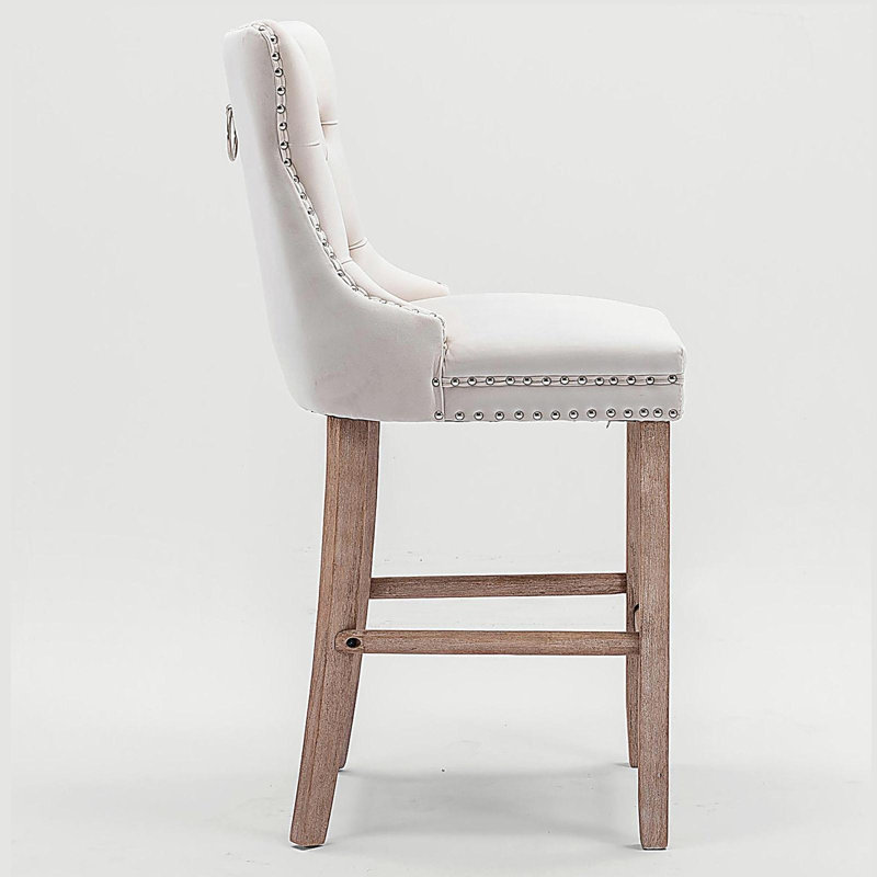 Velvet Upholstered Bar stools with Chrome Nailhead Trim and Wooden Legs (Beige,Set of 2), Beige