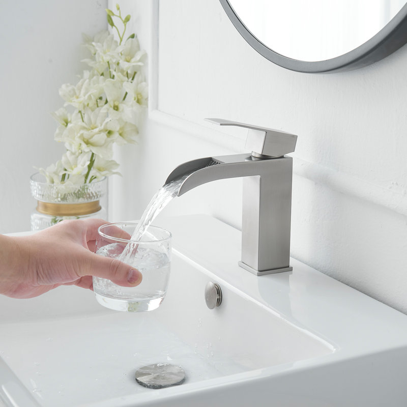 Waterfall Single Hole Single-Handle Low-Arc Bathroom Sink Faucet With Pop-Up Drain Assembly In Brushed Nickel