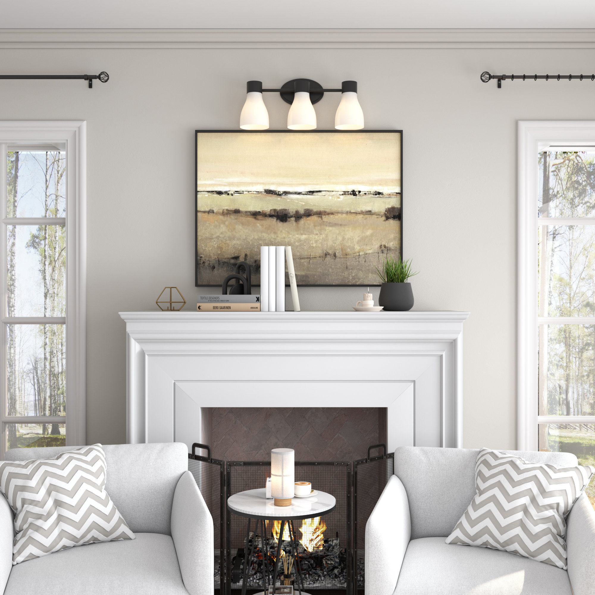 3-Light Brushed Brass Vanity Light with Acid-Etched Opal Glass Shades, Matte Black, 3