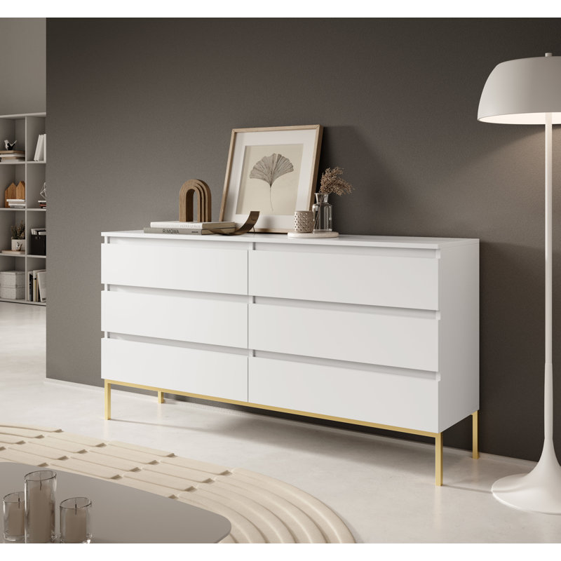 Abrah 150cm W 6 - Drawer Chest of Drawers, White/Gold