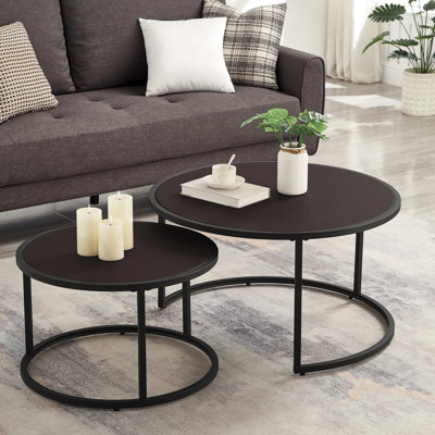Dark Brown Faux Leather Round Nesting Coffee Tables, 2 - Piece With Black Metal Base, Contemporary Design For Primary Living Space Modern Saving And