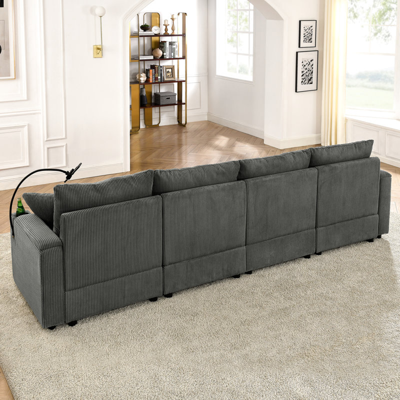 Chaise moderne en velours côtelé gris avec rangement et porte-gobelets pour le salon, Velours côtelé gris