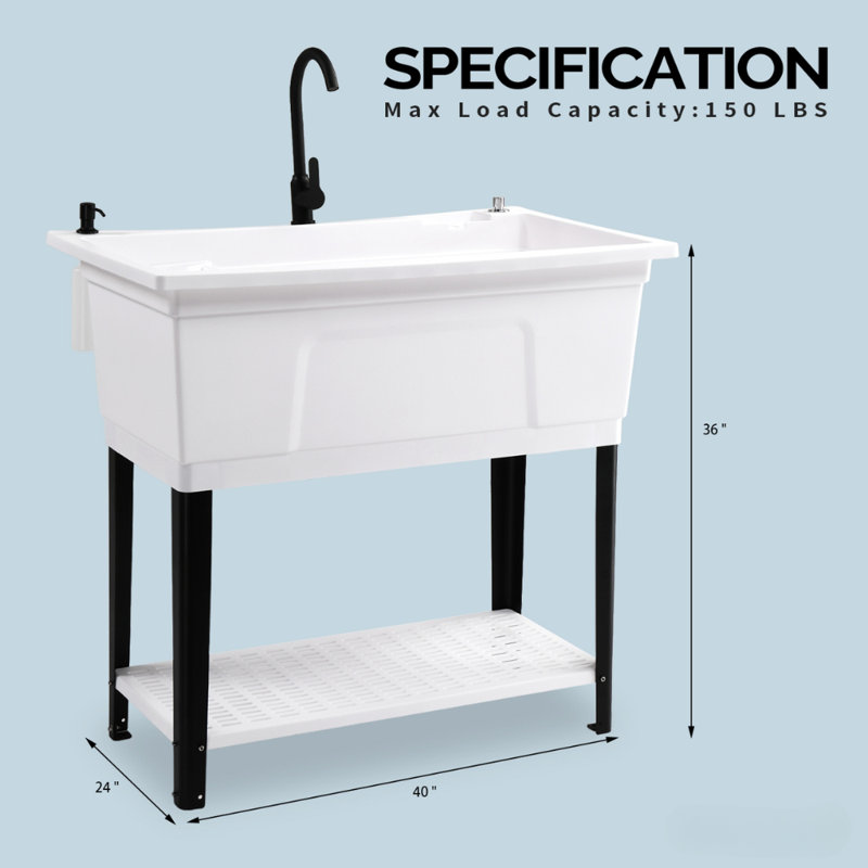 Grande cuve à lessive 40 po avec lavabo utilitaire avec robinet, Blanc