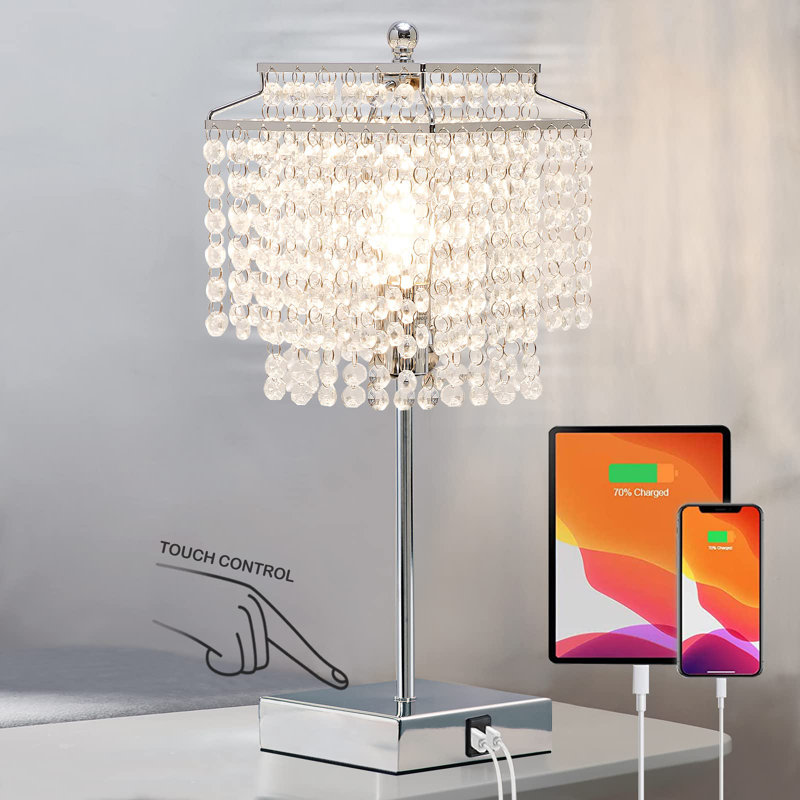 Silver Crystal Touch Control Table Lamp with USB Ports