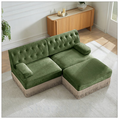 L-Shaped Chesterfield Sofa with Tassel Skirt, Velvet Fabric, Free Combination, Curved Armrests, Wooden Base, Easy Assembly