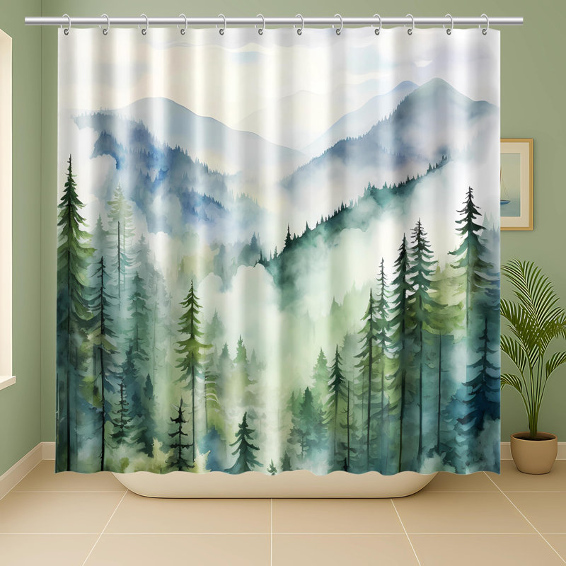 Rideau de douche Mountain Forest 72 po x 72 po, polyester imperméable, paysage de pin brumeux, comprend des œillets et des crochets, décoration de salle de bain lavable à la machine