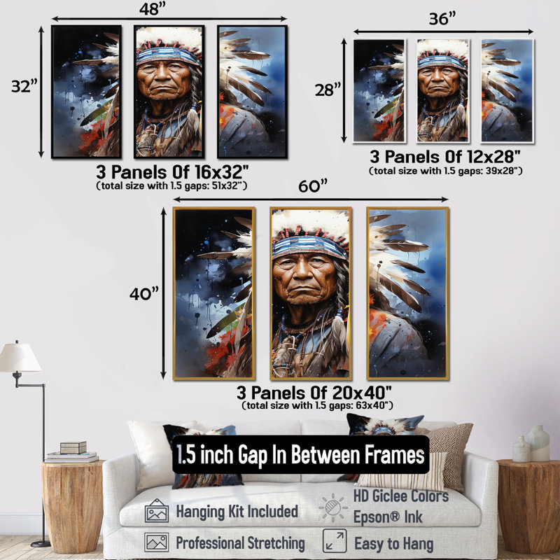 Native Apache Warrior I - Native American Wall Art Set, 28" H x 36" W, Black Floater Framed