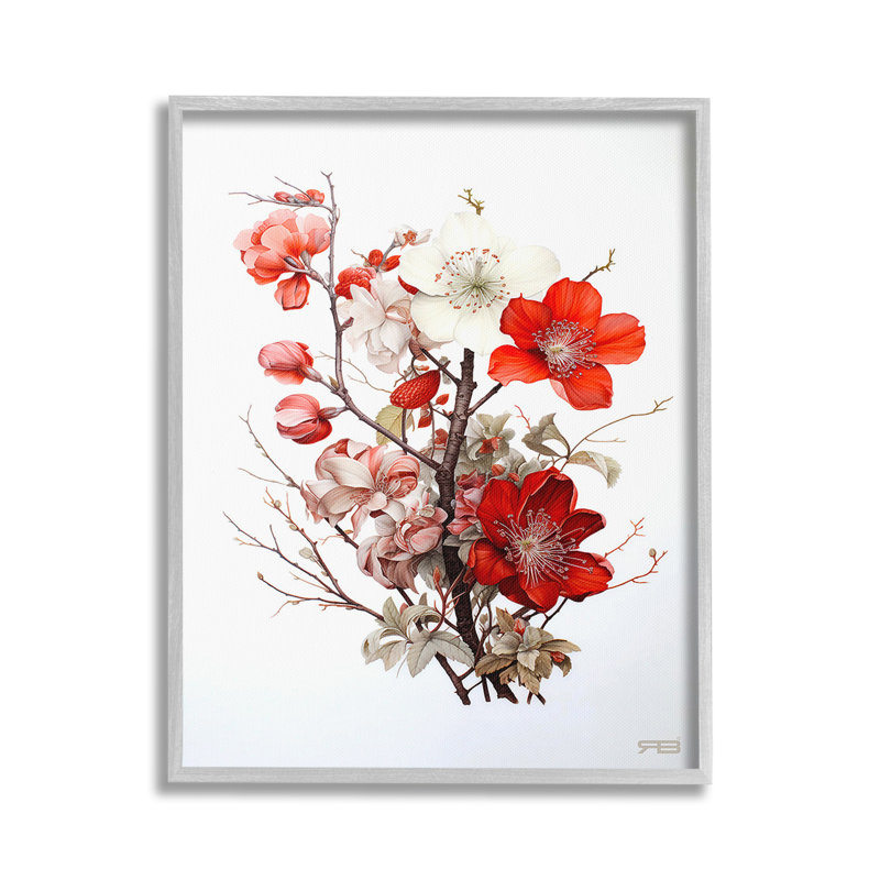 «Red Flower Branches», art de la giclée encadrée par RB, Estampe numérique Farmhouse, H 30 po x l 24 po
