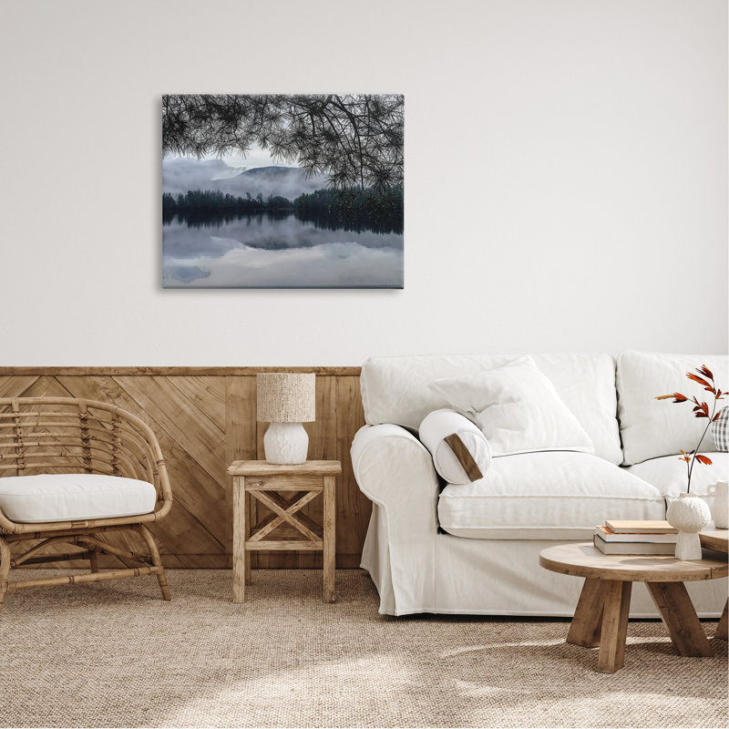 " Trees Surrounding Hazy Mountainous Landscape Lake " by Kelly Sinclair, 40" W x 30" H, Wrapped Canvas