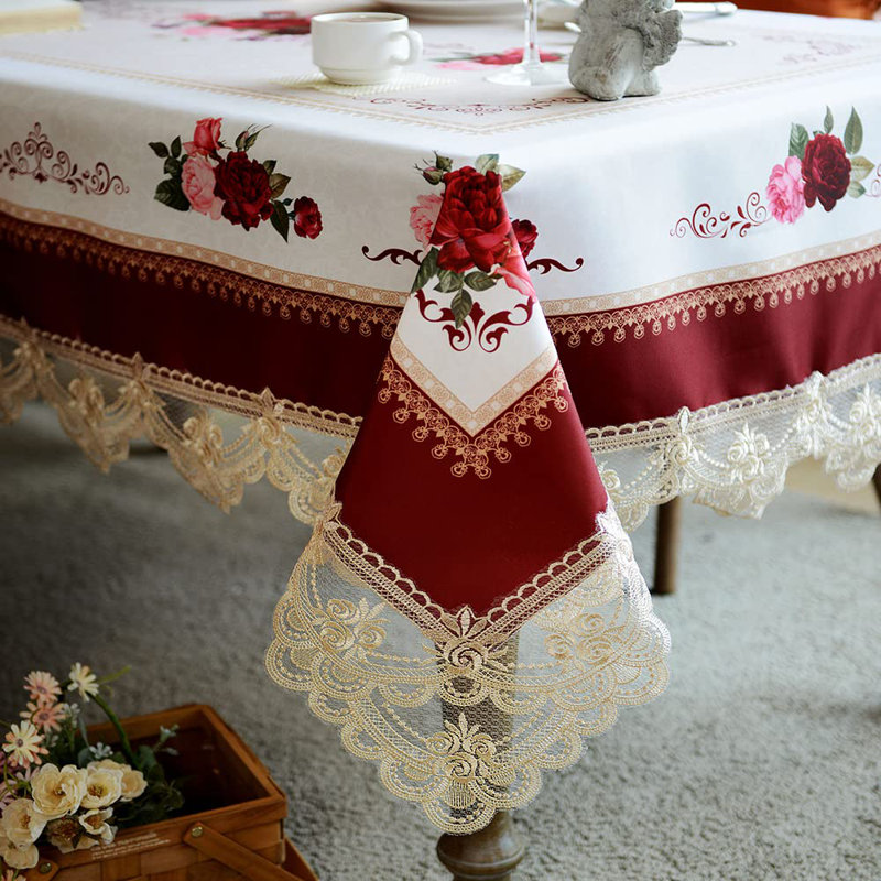 Burgundy and White Lace Embroidered Rectangular Tablecloth