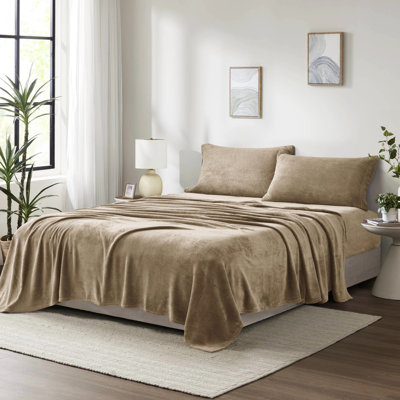 Taupe 100% Full Sheet , , Brushed On Both Sides, Elasticized Fitted Sheet, Machine Washable Luxury Bed Linens 4 Pcs Taupe, , And Cozy, Sides For Soft Velvet Feel, Includes Flat 2 Pillowcases,