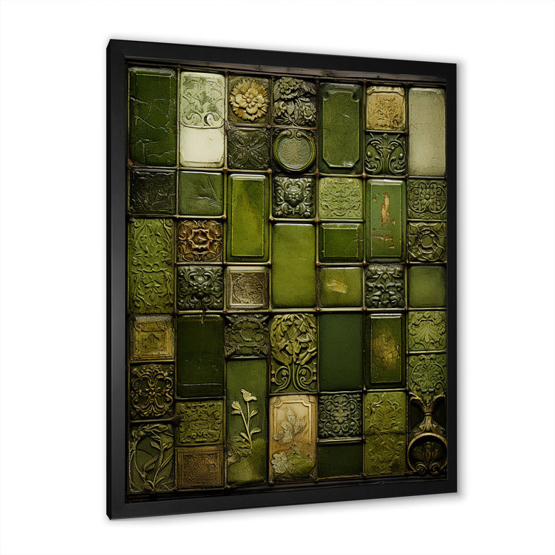 Green Stones Tiles I - Art mural abstrait, Cadre photo noir simple, H 44 po x l 34 po x P 1,5 po