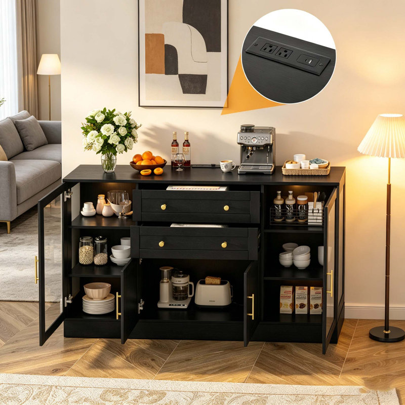 58.3" Modern Multi-Purpose Buffet Sideboard, 4 Doors & 2 Drawers Ample Storage, Adjustable Shelves, Built-In Power Outlet, Acrylic Decorative Panels And Aluminum Alloy Handles, Ideal For Kitchen, Living Room And Dining Room