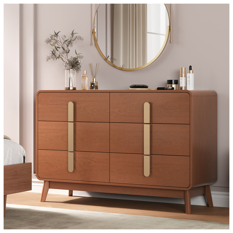 Commode Mid-Century moderne, commode 6 tiroirs avec rangement, commode, Brun