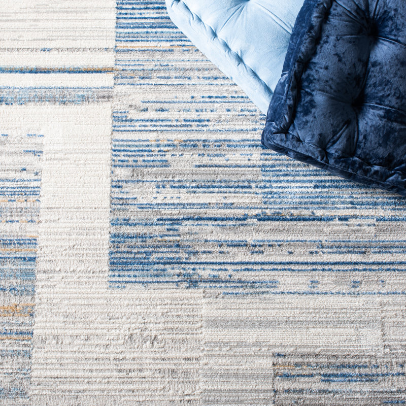 Tapis ivoire / bleu à motif abstrait Hobgood, Tapis de couloir 2 pi 2 po x 8 pi