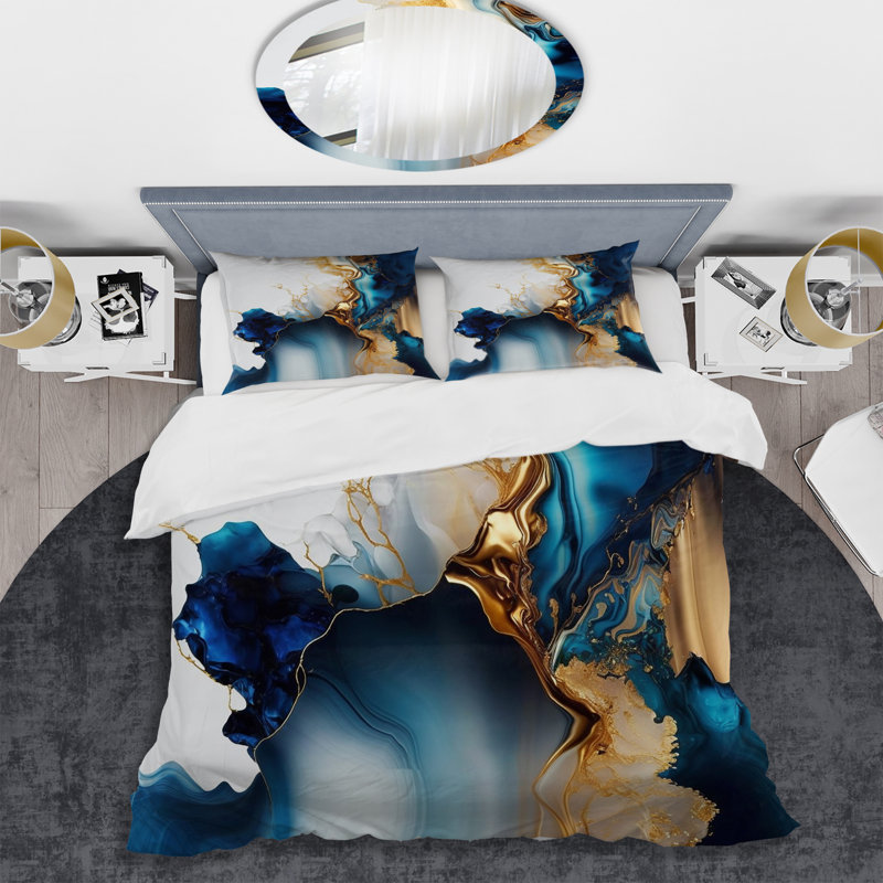 Abstract Geode Gold and Blue Marble I - Ensemble de housse de couette moderne - Microfibre de polyester