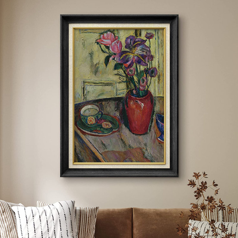 Peinture sur toile, vase rouge, tasse et fleurs, Noir