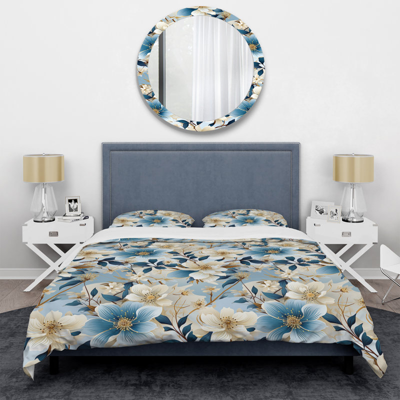 Motif floral blanc et bleu - Ensemble de housse de couette floral - Polyester microfibre