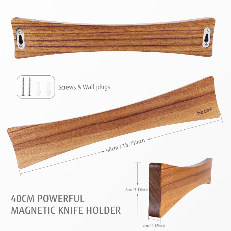 Bande de couteau magnétique murale Hecef de 15,75 pouces, barre à couteaux en bois Chinaberry, aimant plaqué nickel puissant, support de support de rangement de cuisine