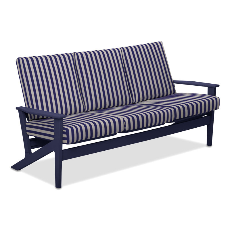 Chrisa 74.5'' Wide Patio Sofa with Cushions, Blue/White Stripe, Beachwood