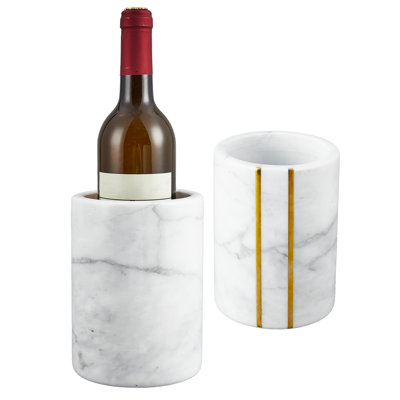 Ensemble de refroidisseur à vin en marbre 2 en 1 noir et blanc - Seau à glace en pierre robuste à deux tons pour le vin et le champagne - Refroidisseur de table - Cadeau de bar moderne