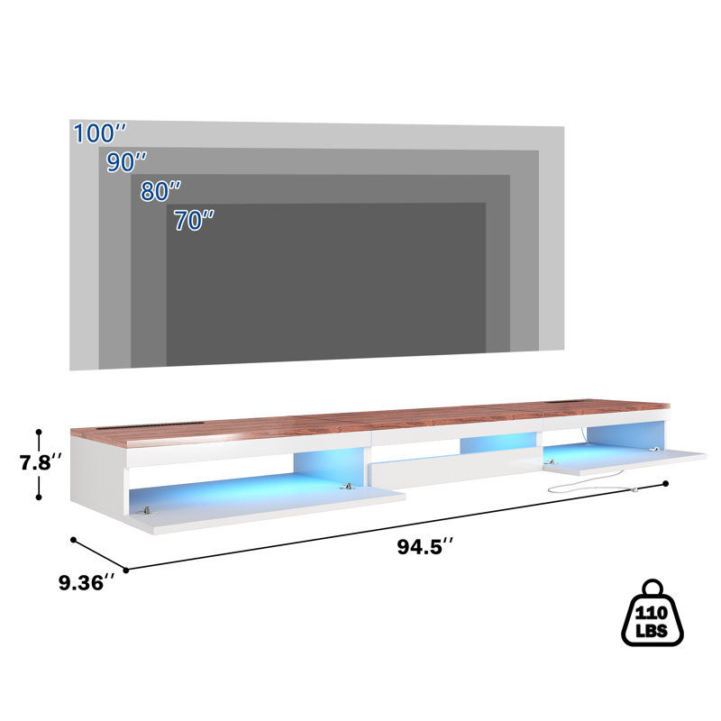 Floating TV Stand - Floating Entertainment Center with LED Light & Charging Station, Floating TV Shelf with Storage for Small Spaces, Apartments, Media Console for TVs