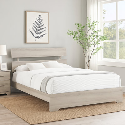 Lit plateforme avec tête de lit Cuzzy, bois blanc à profil bas
