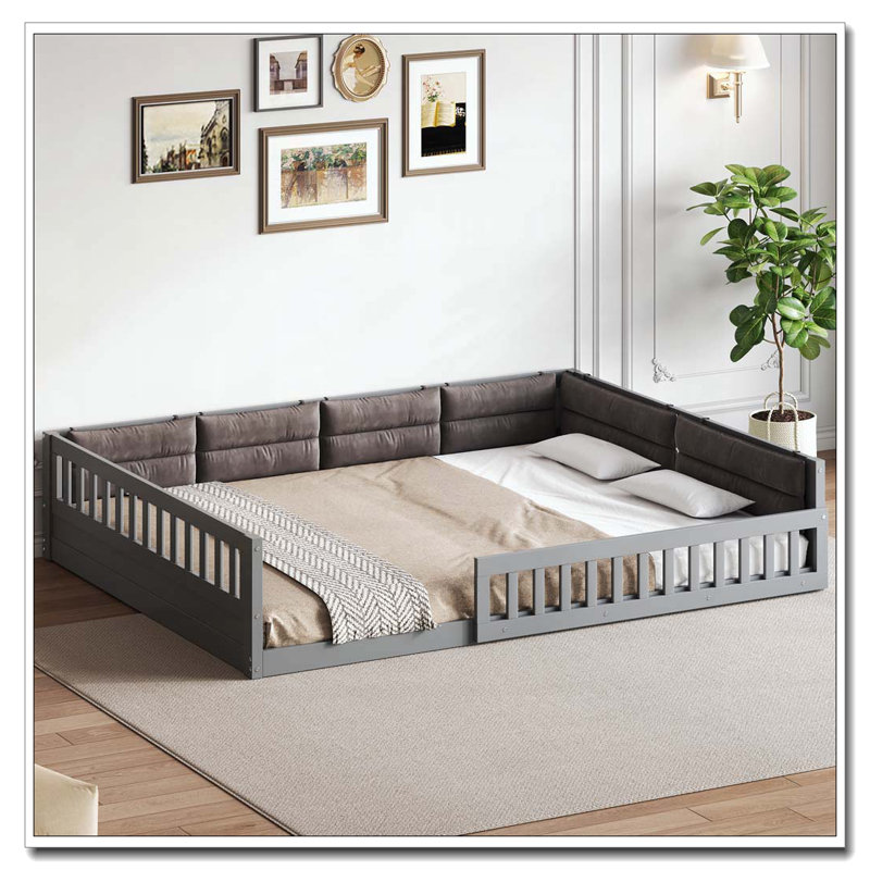 Wood Full Size Upholstered Platform Bed with Guardrail and Pillow, Gray
