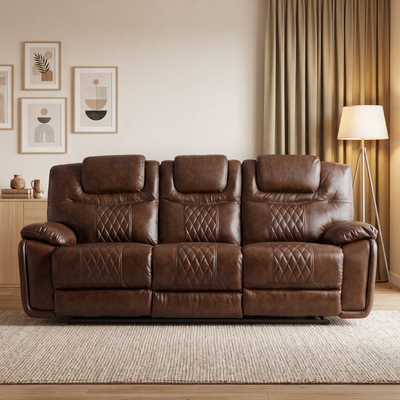 Jepum 86.6" Top-Grain Genuine Leather Manual Reclining Sofa, 3-Seater Spacious Recliner Couch, Espresso
