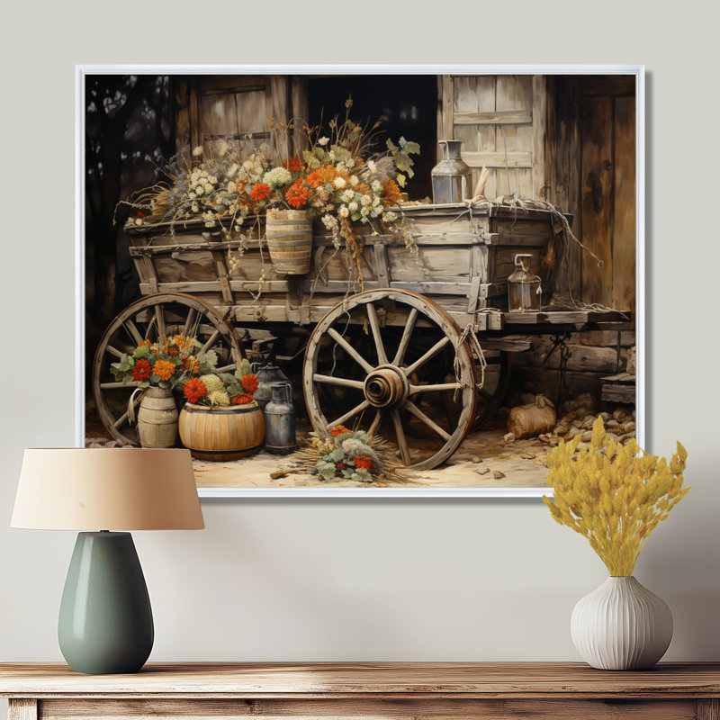 «Grey Old Cart Of Flowers I» - impressions sur toile de vieux chariot américain, H 30 po x l 40 po x P 1,5 po