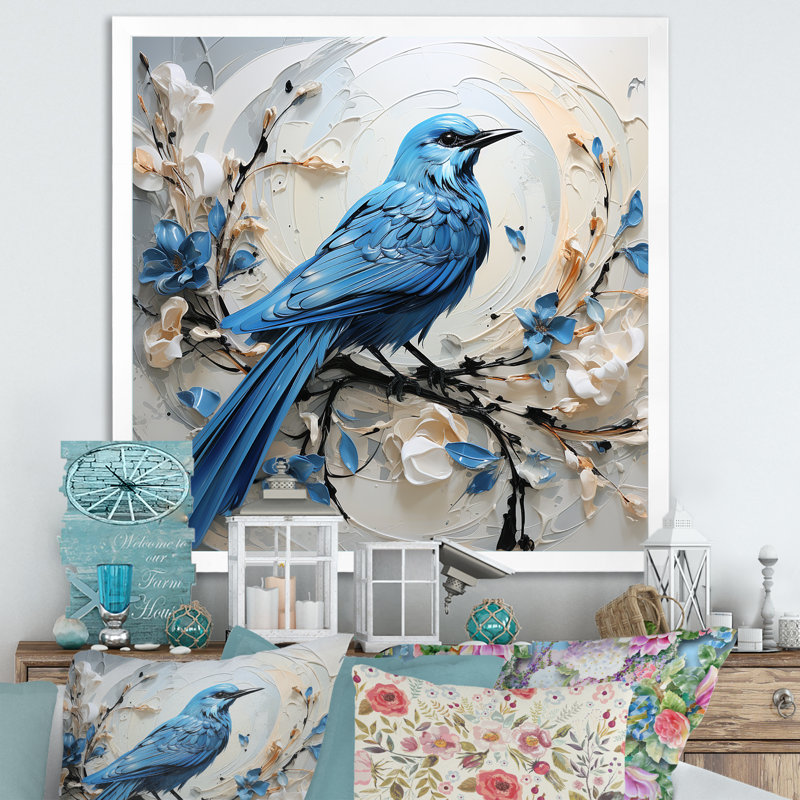 Oiseau bleu minimalisme blanc et fleurs bleues, reproduction sur toile, H 36 po x l 36 po x P 1,5 po, Blanc