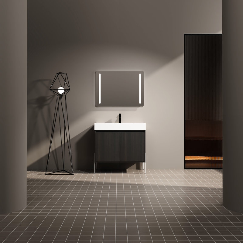 Armoire de salle de bain autoportante 36 po avec lavabo en résine - fini chêne foncé style contemporain